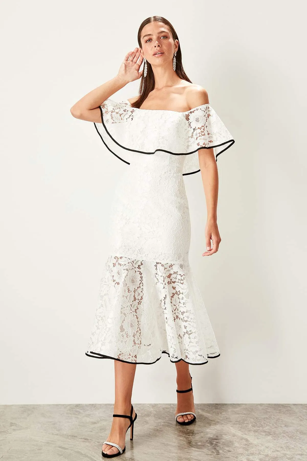 10909 Ecru Off-Shoulder Lace Mermaid Dress