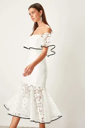 10909 Ecru Off-Shoulder Lace Mermaid Dress