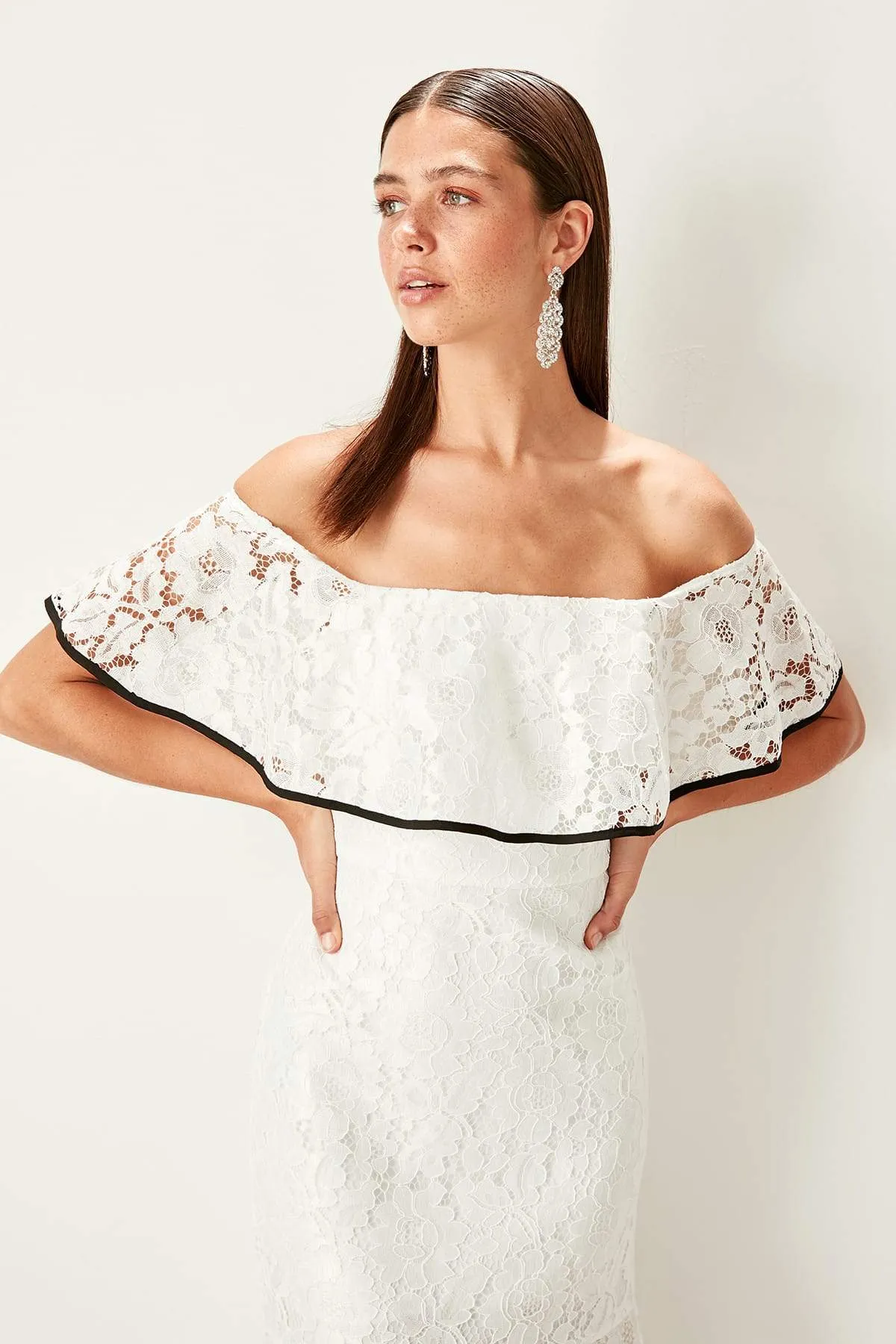 10909 Ecru Off-Shoulder Lace Mermaid Dress