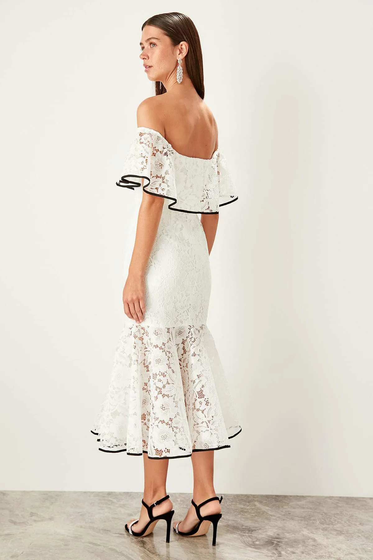 10909 Ecru Off-Shoulder Lace Mermaid Dress