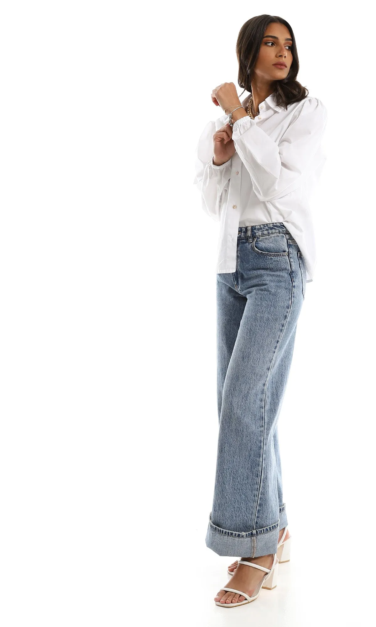 98055 Basic Long Sleeves White Shirt With Elastic Cuff