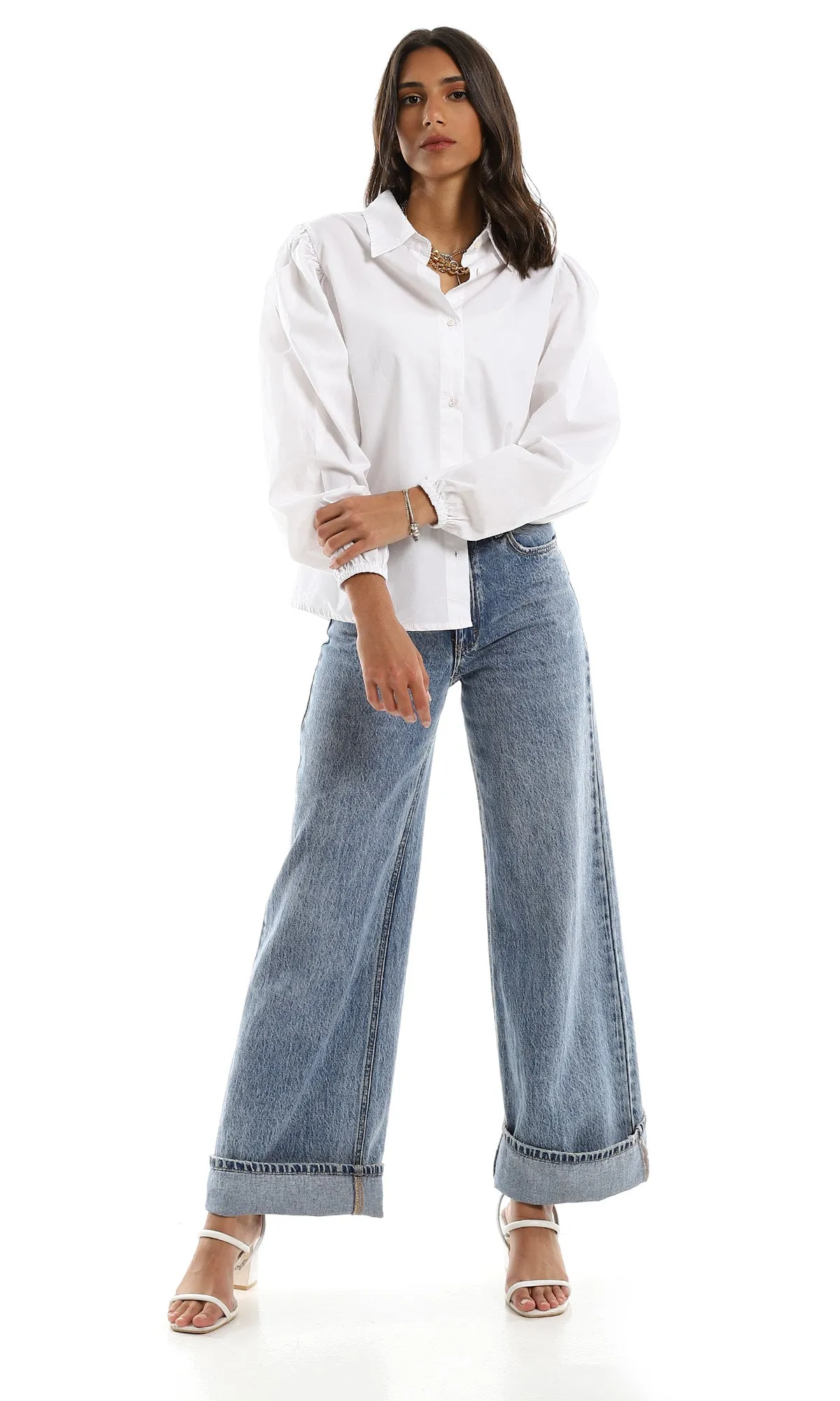 98055 Basic Long Sleeves White Shirt With Elastic Cuff