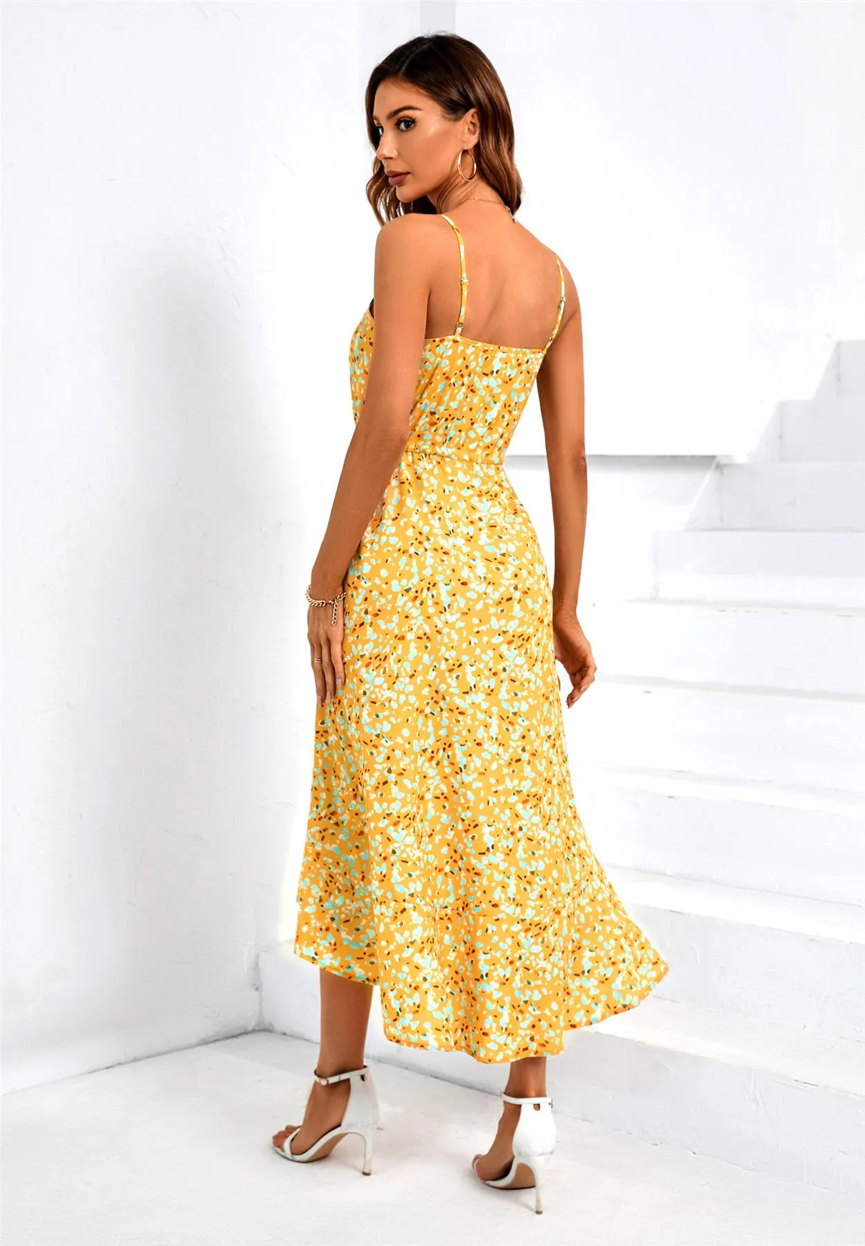 Abstract Dot Print Strappy Cami Midi Dress In Yellow
