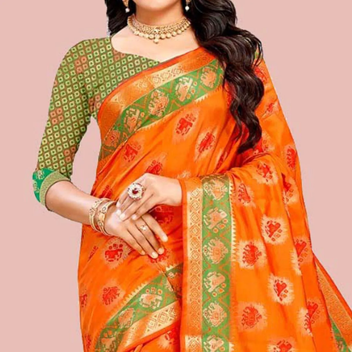 Amazing Orange Colored Festive Wear Woven Cotton Silk Saree
