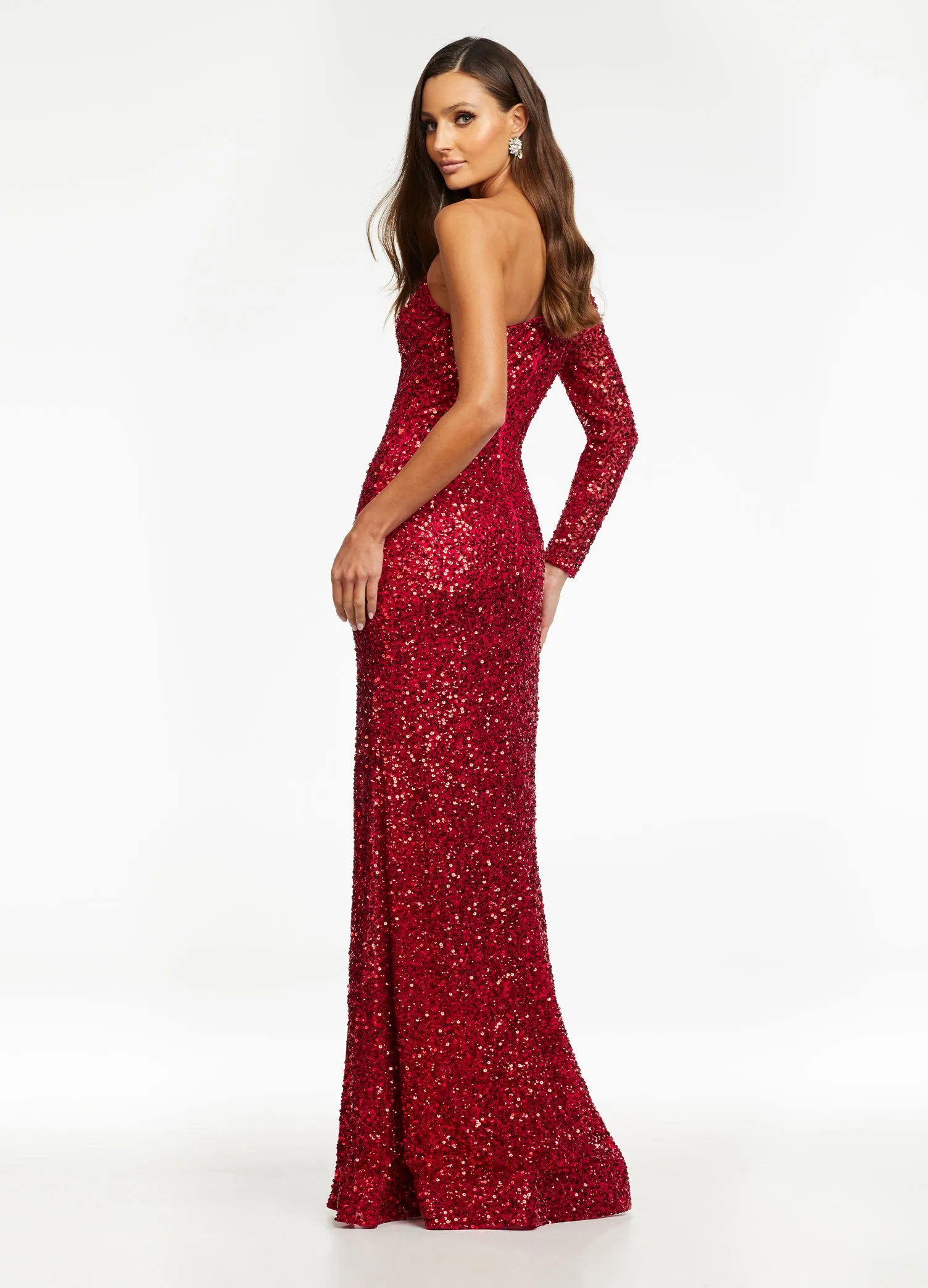 Ashley Lauren 1977 sz 8 Electric Red Prom Dress Pageant Gown One Sleeve Fully Beaded Long Formal Dress with Slit size 8