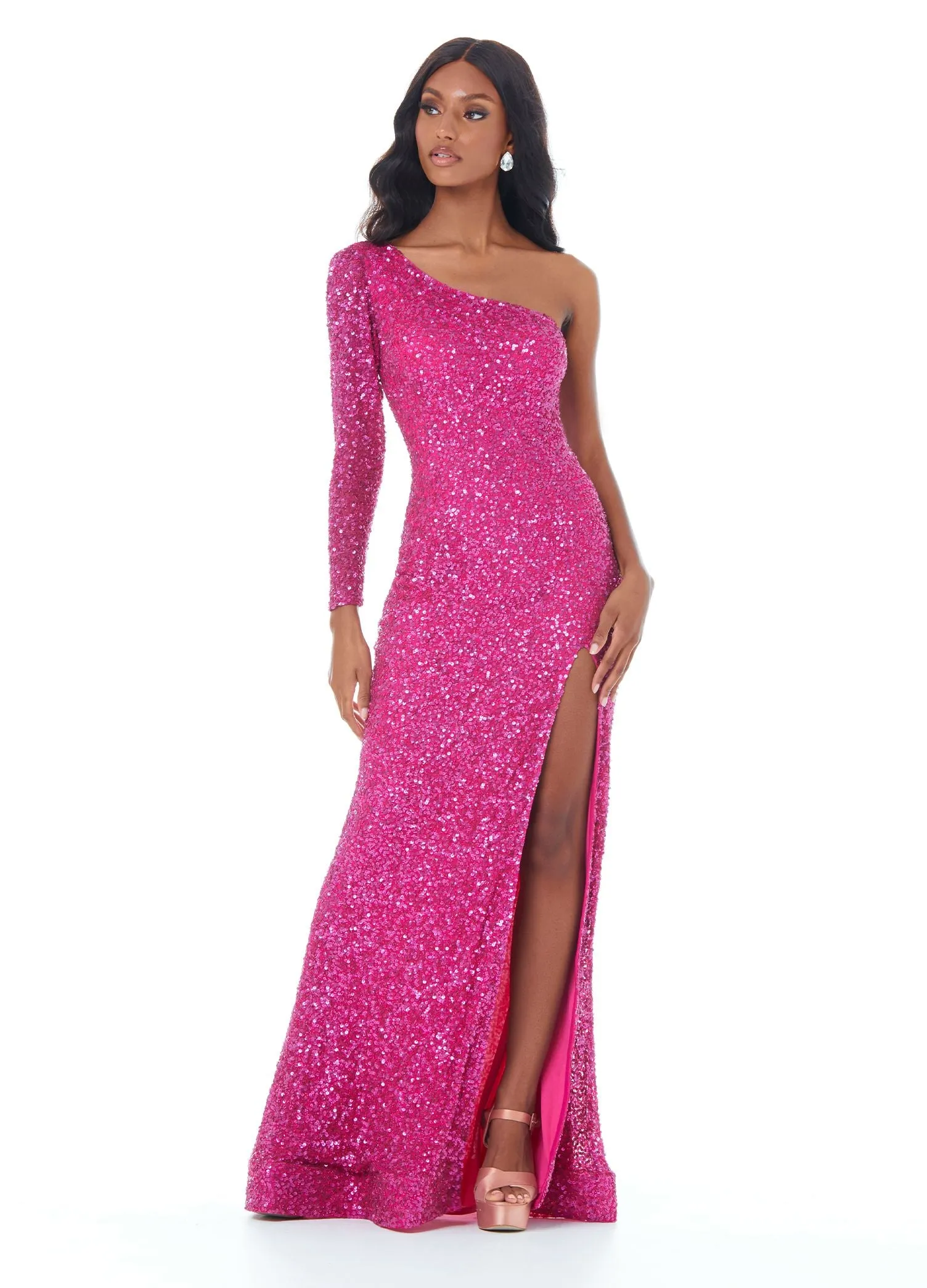 Ashley Lauren 1977 sz 8 Electric Red Prom Dress Pageant Gown One Sleeve Fully Beaded Long Formal Dress with Slit size 8