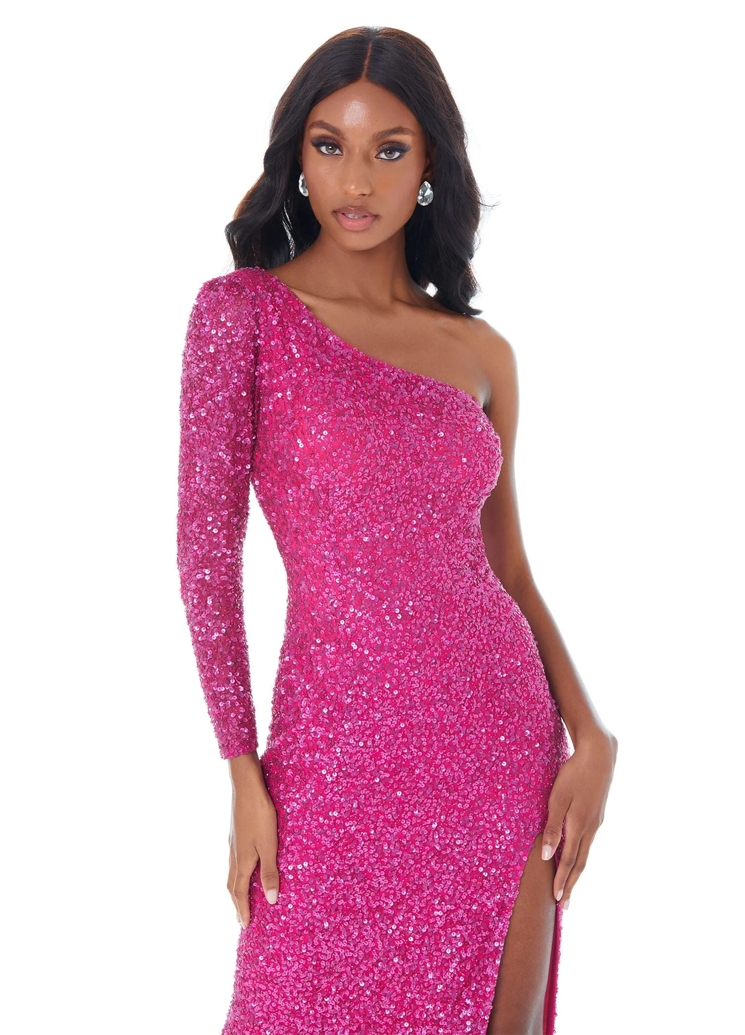 Ashley Lauren 1977 sz 8 Electric Red Prom Dress Pageant Gown One Sleeve Fully Beaded Long Formal Dress with Slit size 8