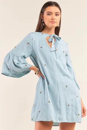 Baby Blue Floral Embroidery V-Neck Mini Dress