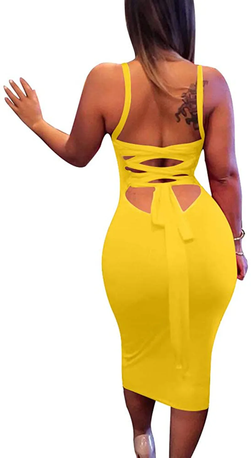 BEAGIMEG Women's Sexy Lace Up Backless Bodycon Midi Party Club Dress