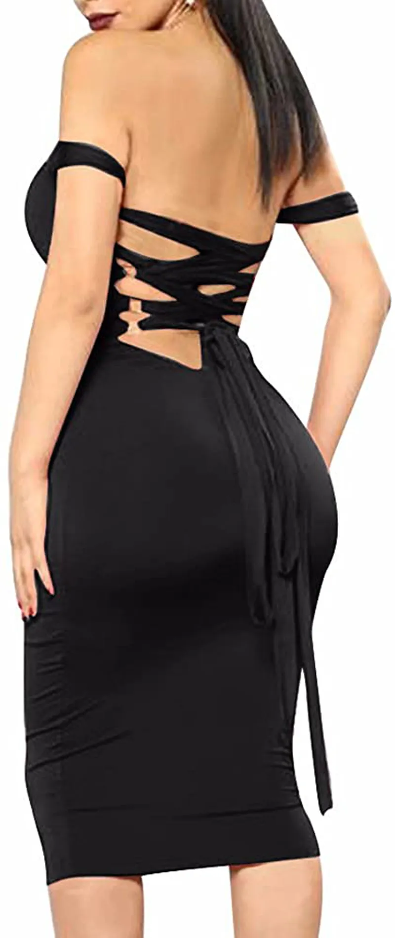 BEAGIMEG Women's Sexy Lace Up Backless Bodycon Midi Party Club Dress