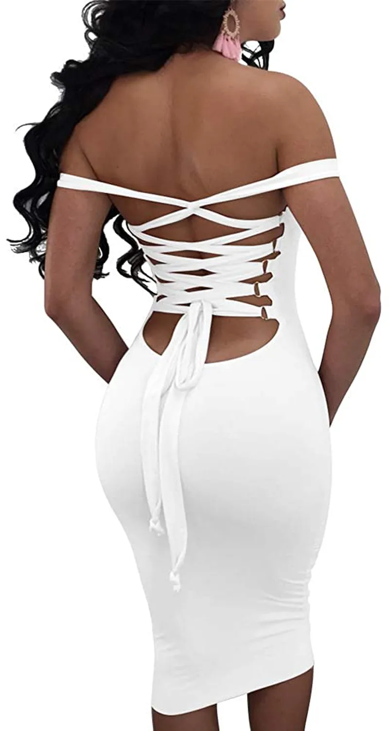 BEAGIMEG Women's Sexy Lace Up Backless Bodycon Midi Party Club Dress