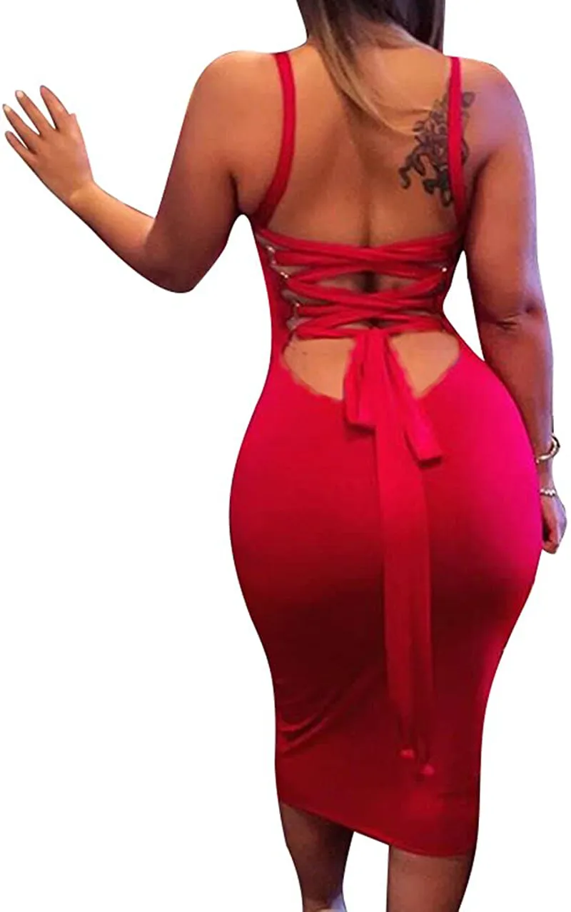 BEAGIMEG Women's Sexy Lace Up Backless Bodycon Midi Party Club Dress