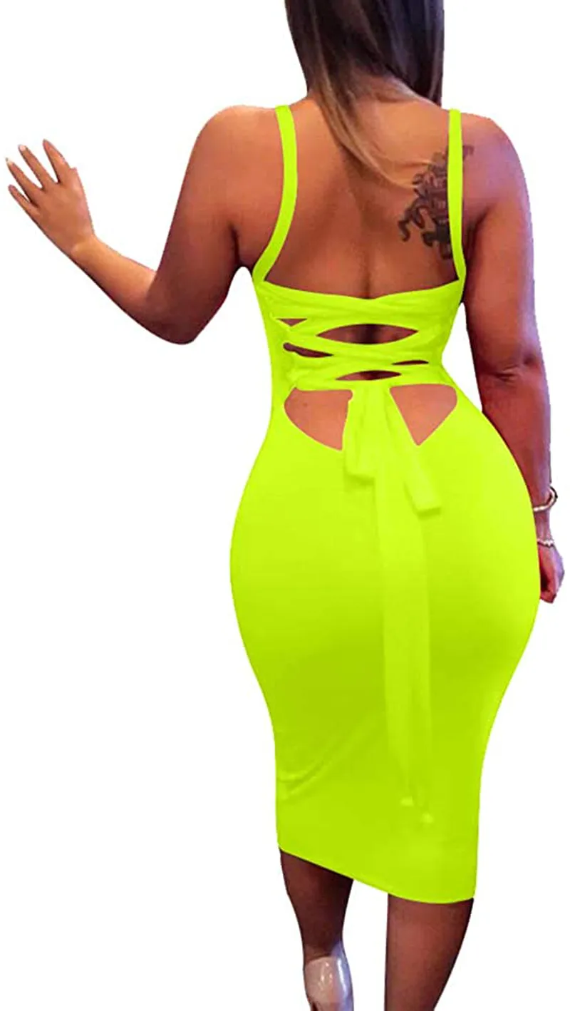 BEAGIMEG Women's Sexy Lace Up Backless Bodycon Midi Party Club Dress