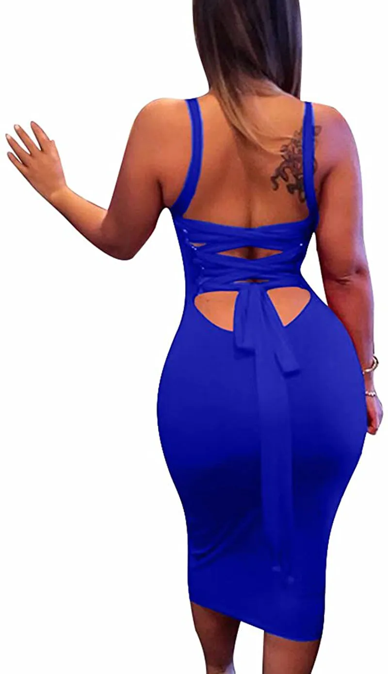 BEAGIMEG Women's Sexy Lace Up Backless Bodycon Midi Party Club Dress