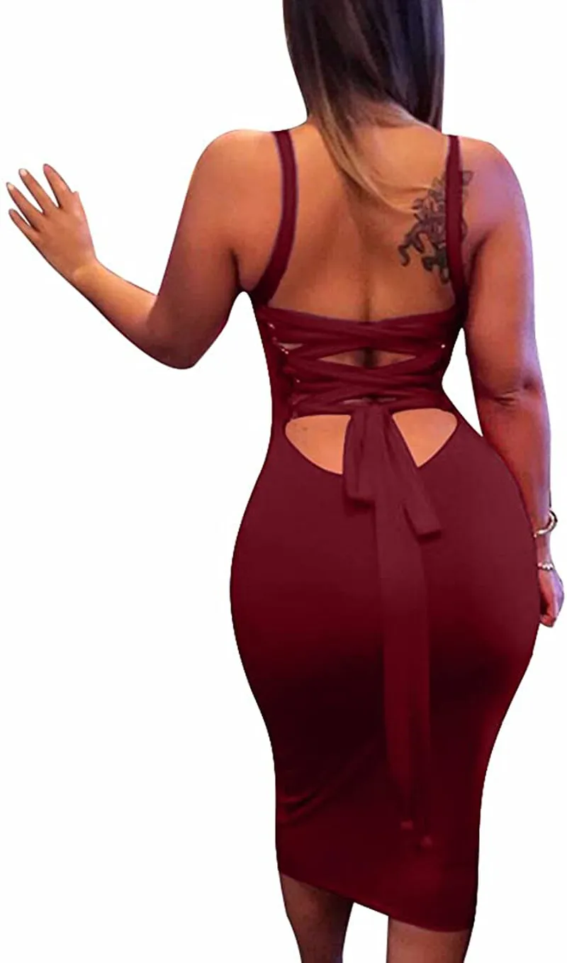 BEAGIMEG Women's Sexy Lace Up Backless Bodycon Midi Party Club Dress