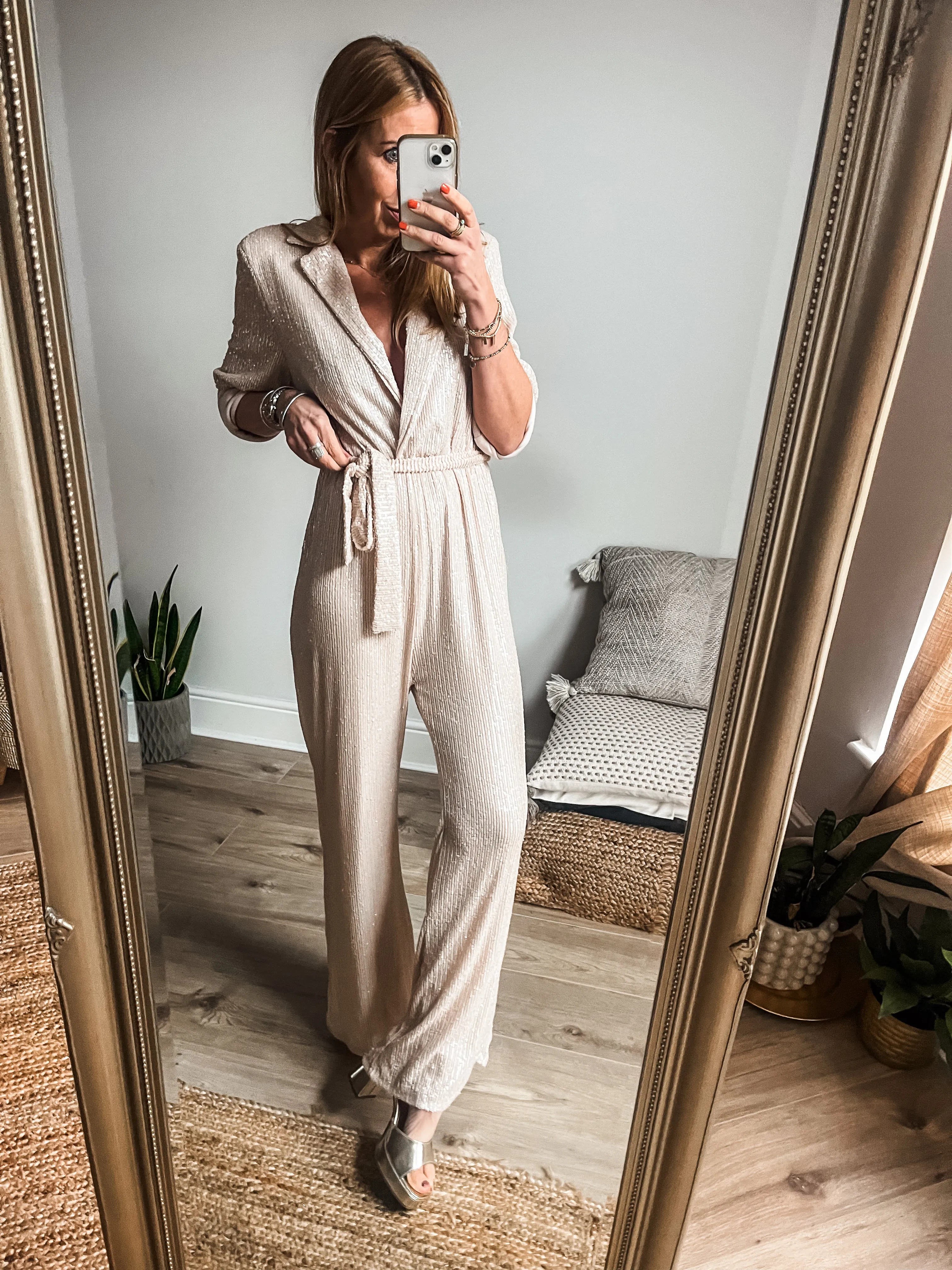 Belted Long Sleeve Wrap Sequin Wide Leg Jumpsuit