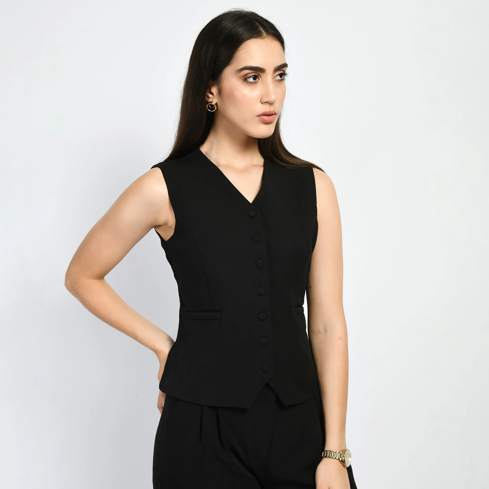 Black Elusiveness Solid Trouser Coat Top Co-Ord Set