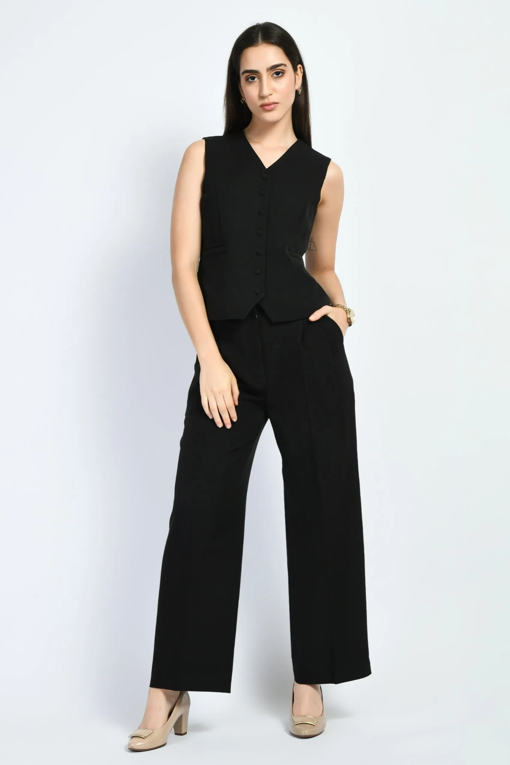 Black Elusiveness Solid Trouser Coat Top Co-Ord Set