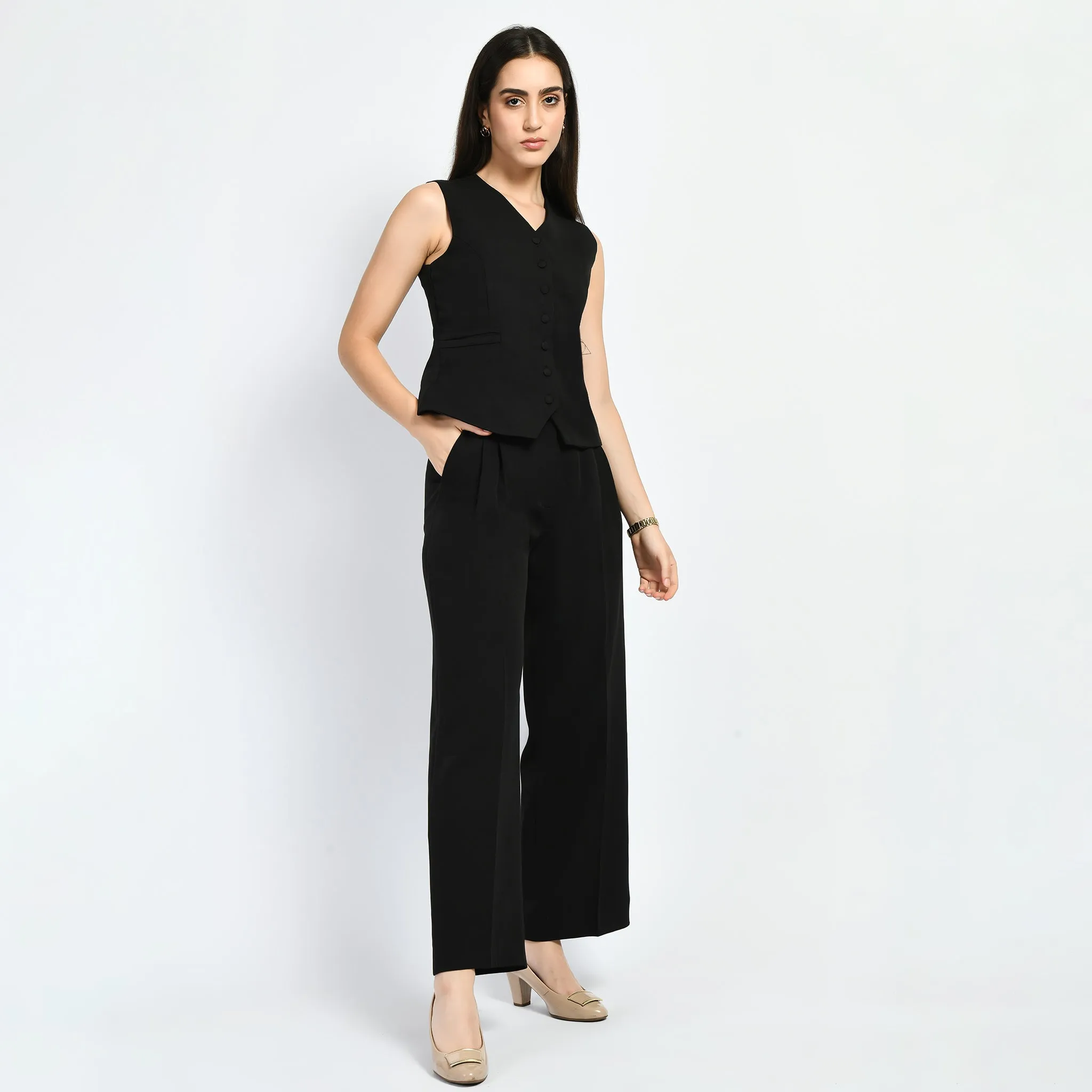 Black Elusiveness Solid Trouser Coat Top Co-Ord Set