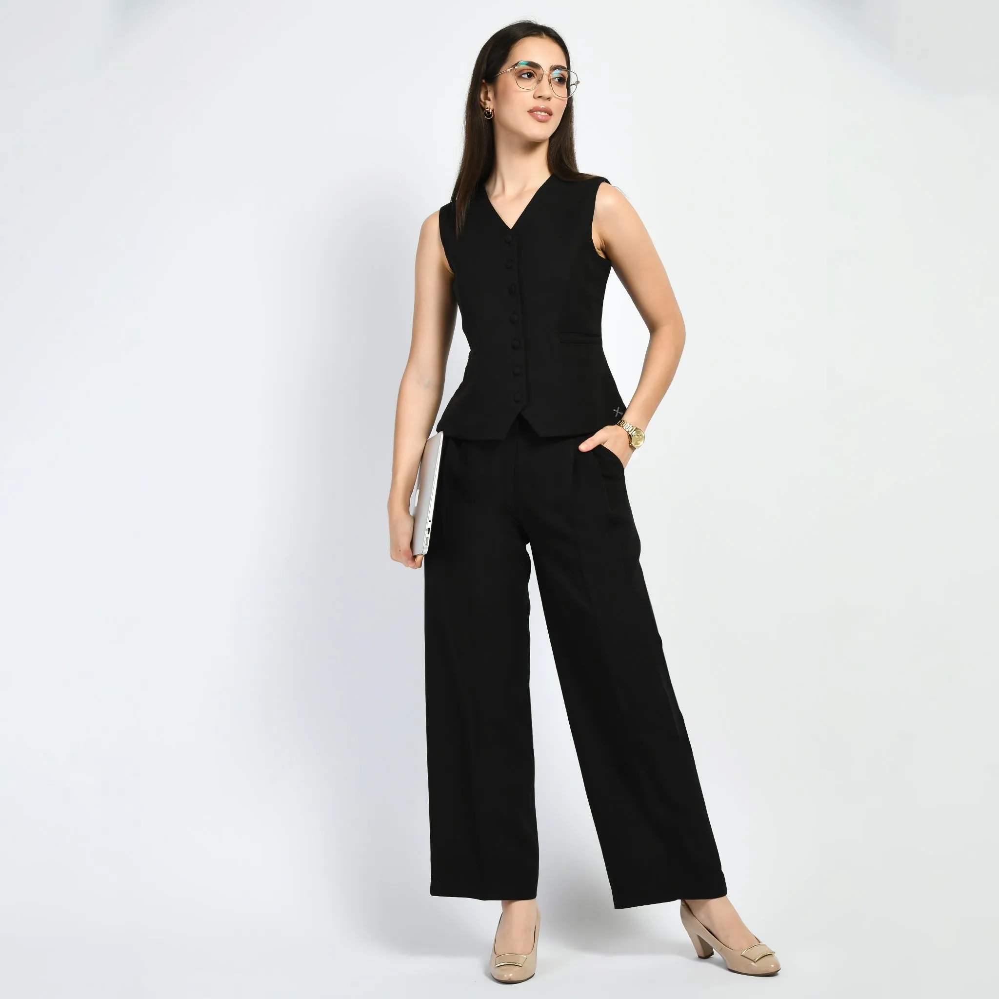 Black Elusiveness Solid Trouser Coat Top Co-Ord Set