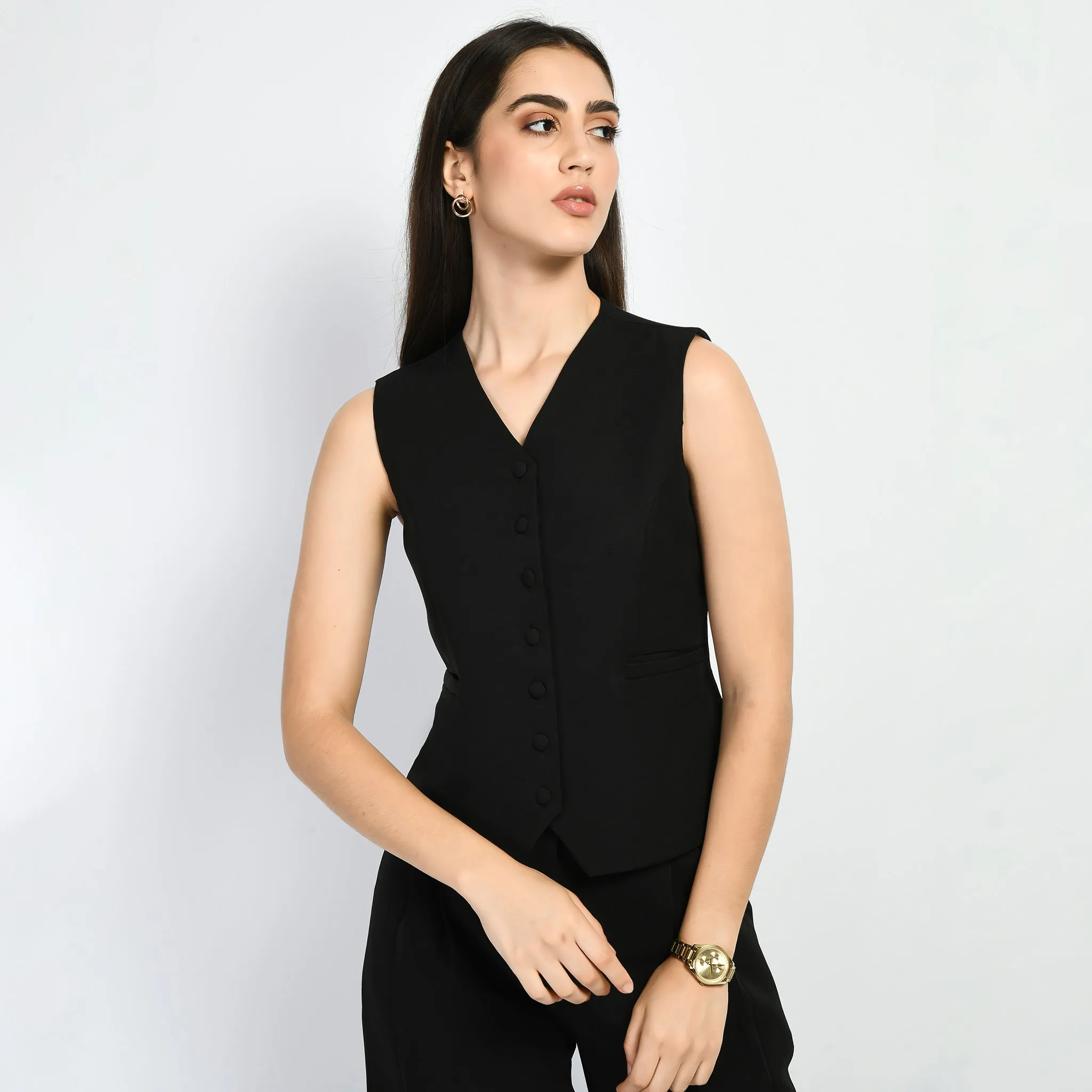 Black Elusiveness Solid Trouser Coat Top Co-Ord Set