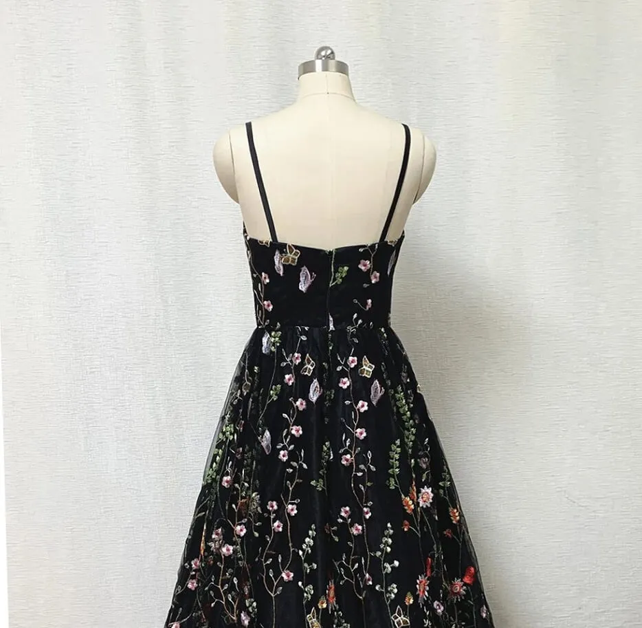 Black Floral Fairy Prom Dress Long Evening Gowns for Wedding