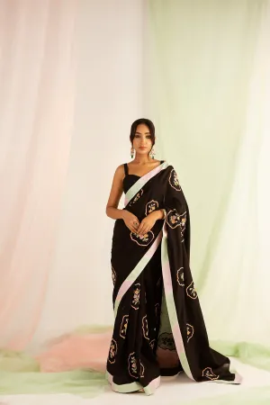 Black Hand Embroidered Handcrafted Chanderi Silk Saree Set
