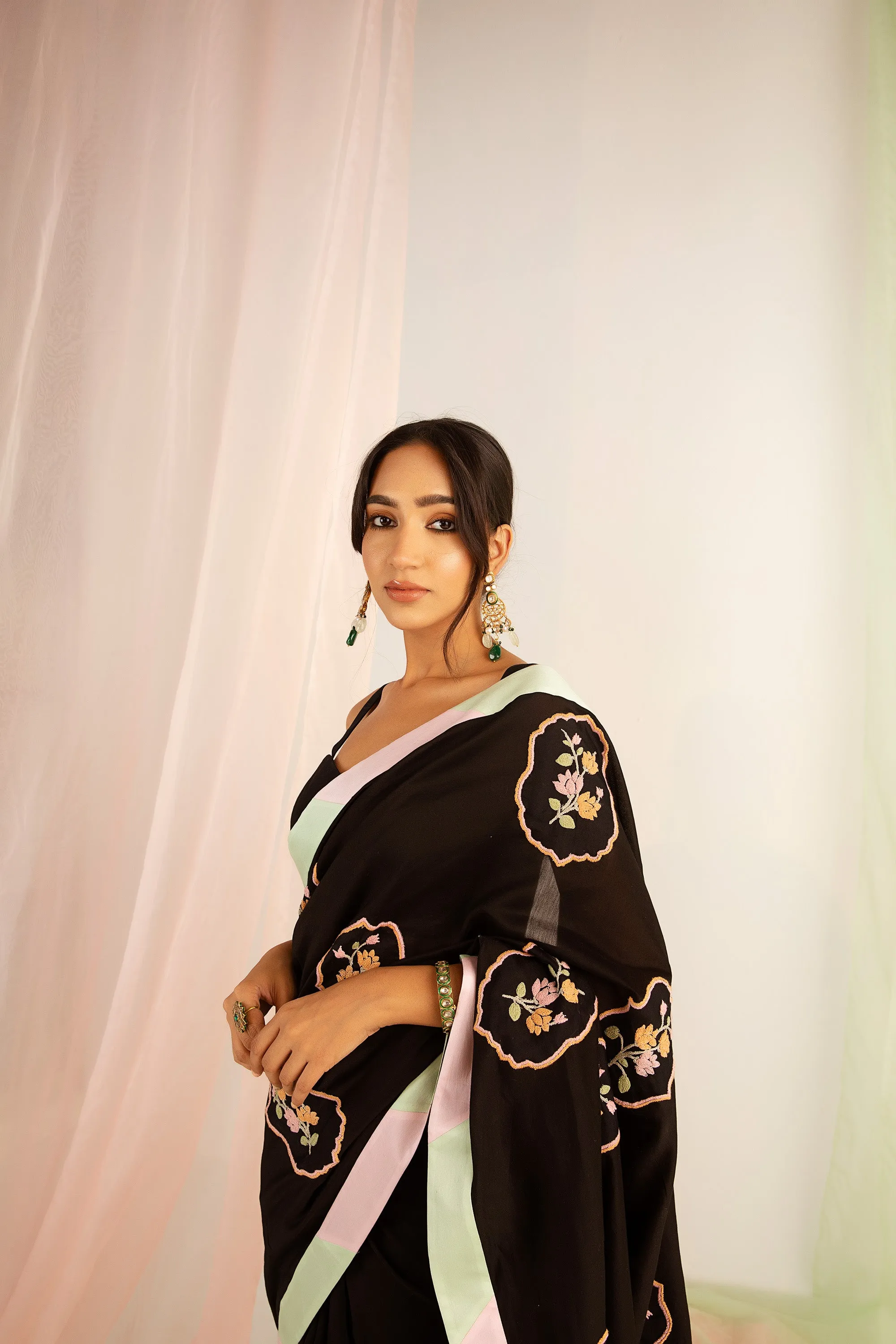 Black Hand Embroidered Handcrafted Chanderi Silk Saree Set