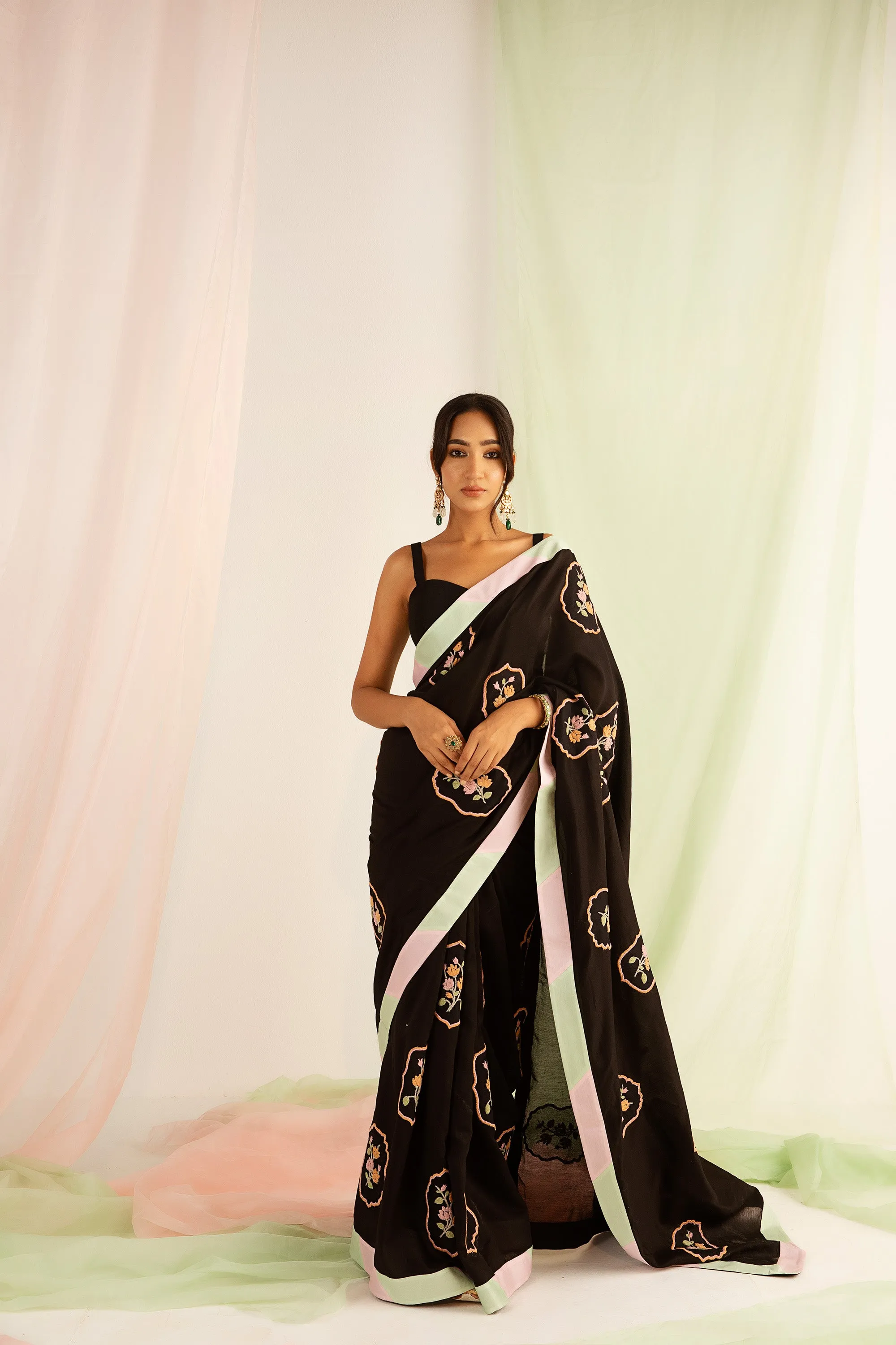 Black Hand Embroidered Handcrafted Chanderi Silk Saree Set
