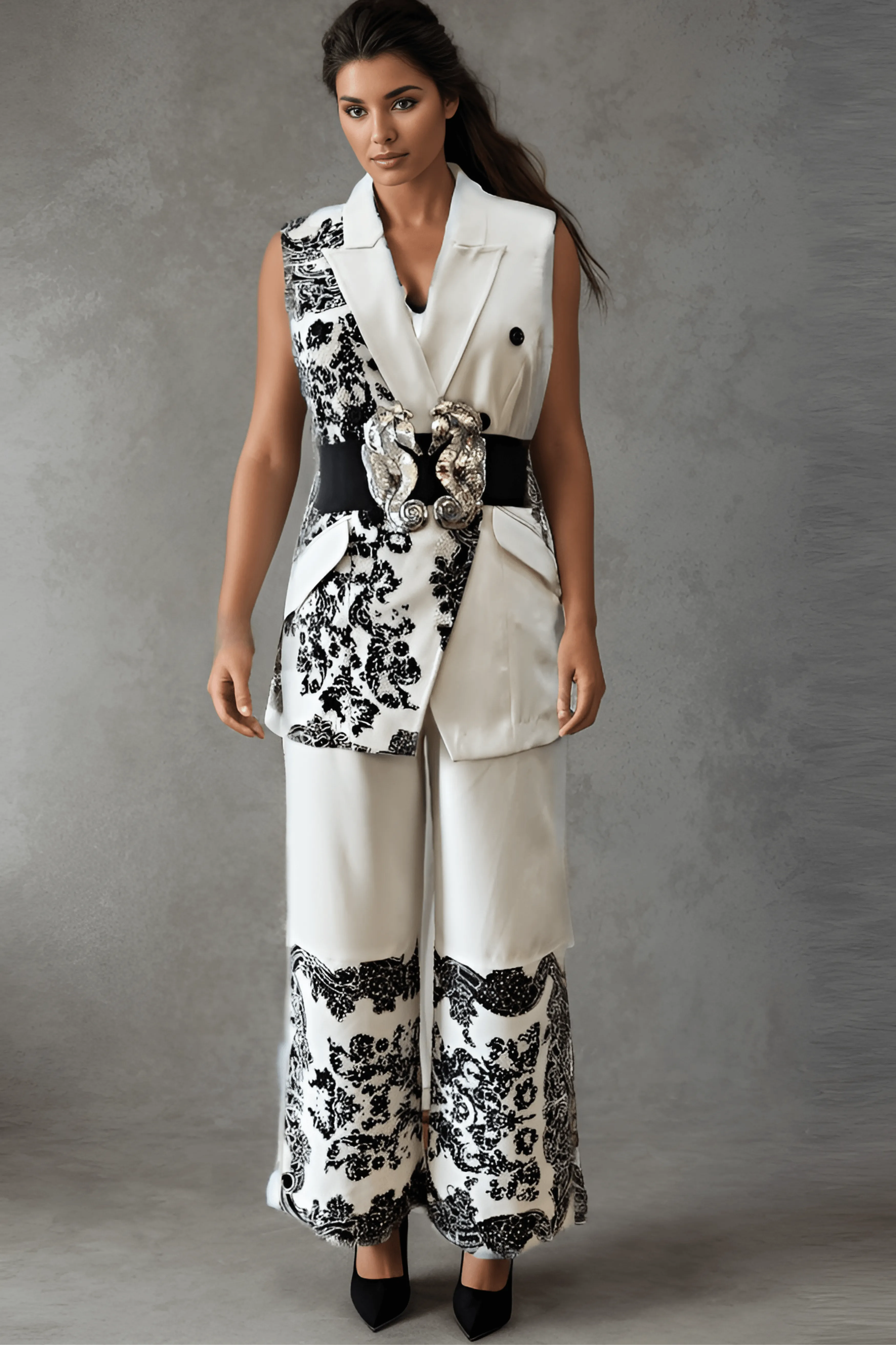 Black White Blazer Set
