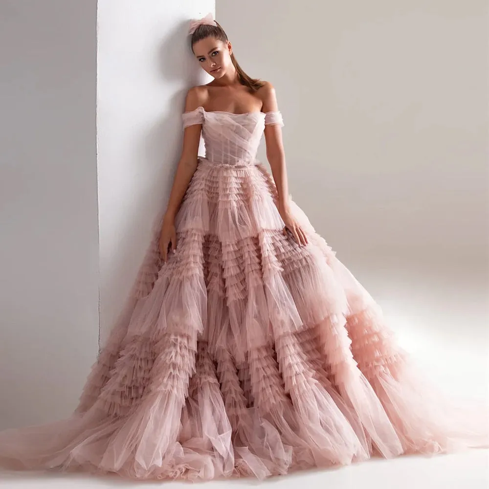 Blush Pink Off Shoulder Ruffles Ball Gown Evening Dress SF087