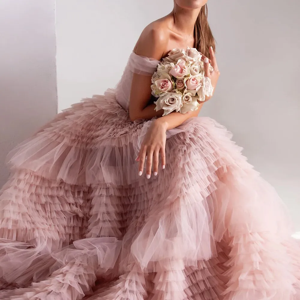Blush Pink Off Shoulder Ruffles Ball Gown Evening Dress SF087