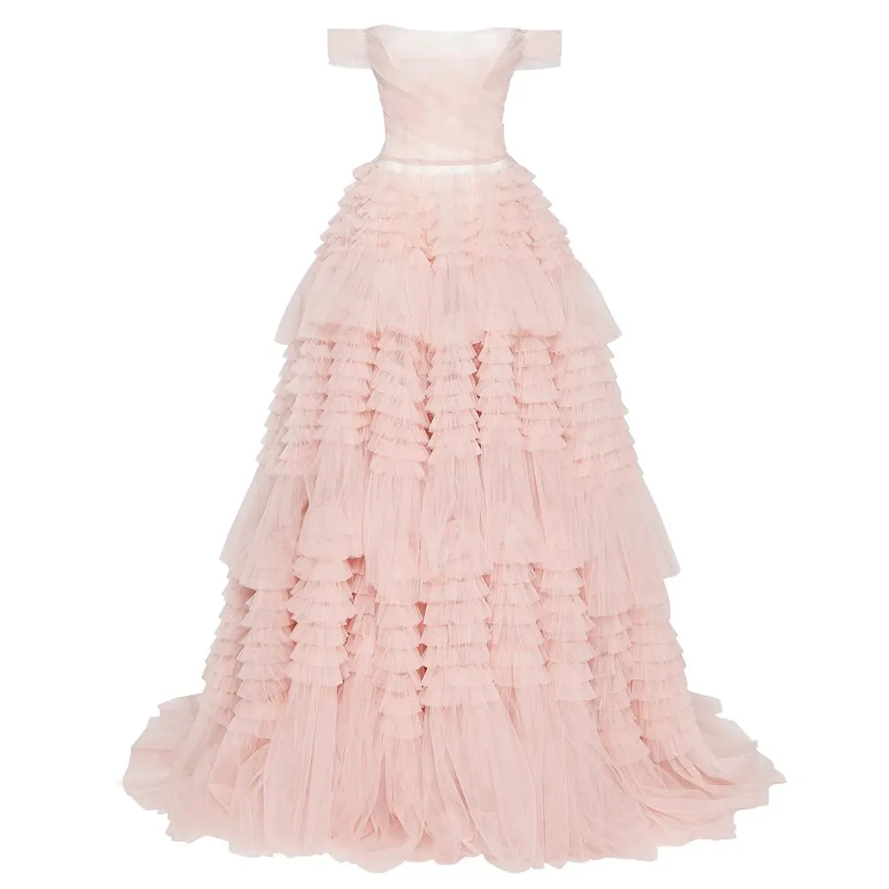 Blush Pink Off Shoulder Ruffles Ball Gown Evening Dress SF087
