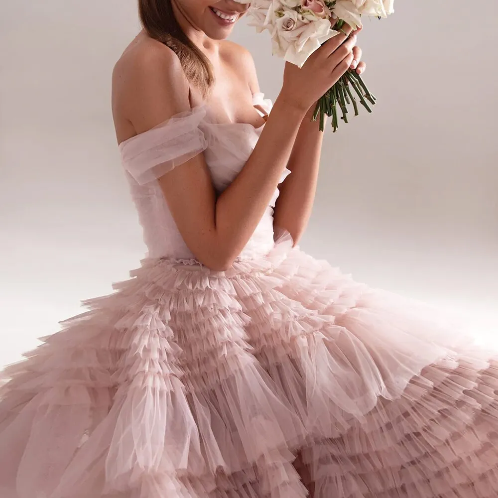 Blush Pink Off Shoulder Ruffles Ball Gown Evening Dress SF087