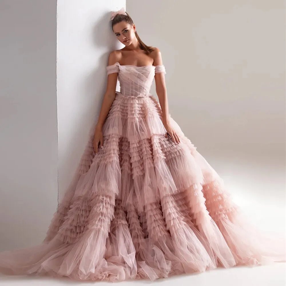Blush Pink Off Shoulder Ruffles Ball Gown Evening Dress SF087