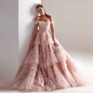 Blush Pink Off Shoulder Ruffles Ball Gown Evening Dress SF087