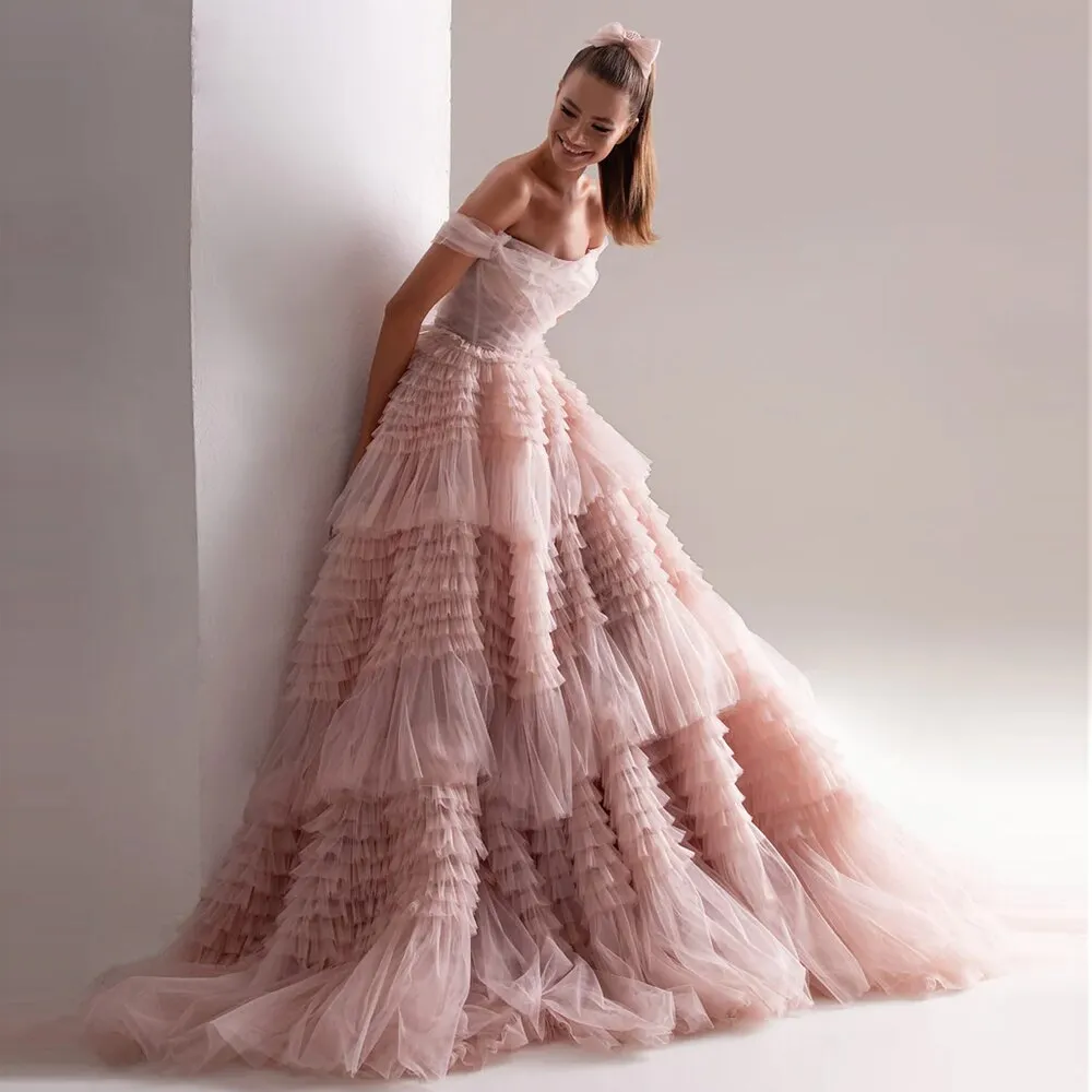 Blush Pink Off Shoulder Ruffles Ball Gown Evening Dress SF087