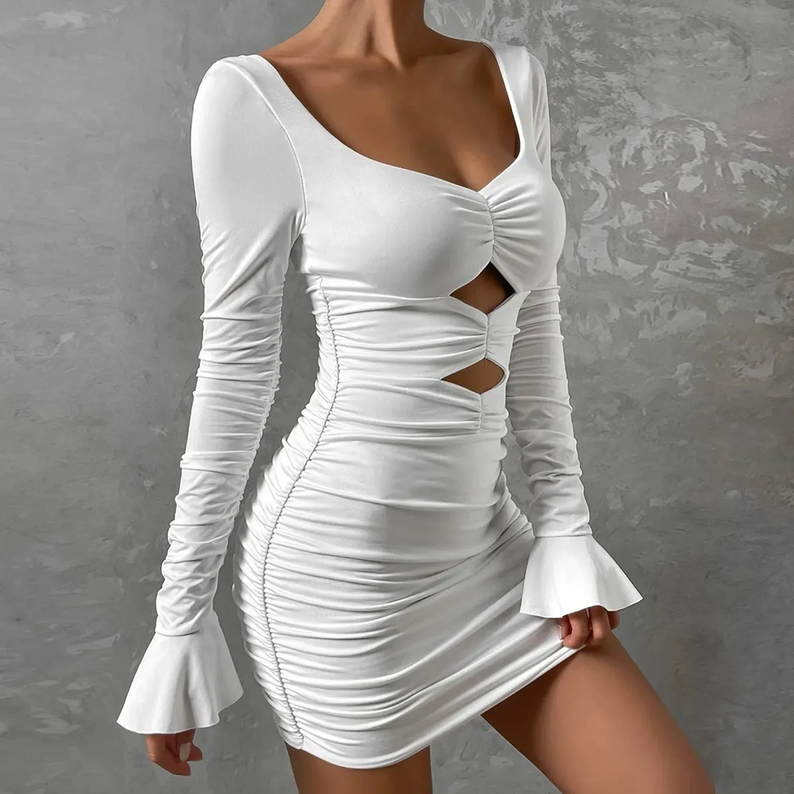 Bodycon Long-Sleeved Cut Out V-Neck Mini Autumn Elegant Club Ruched Casual Sexy Dress