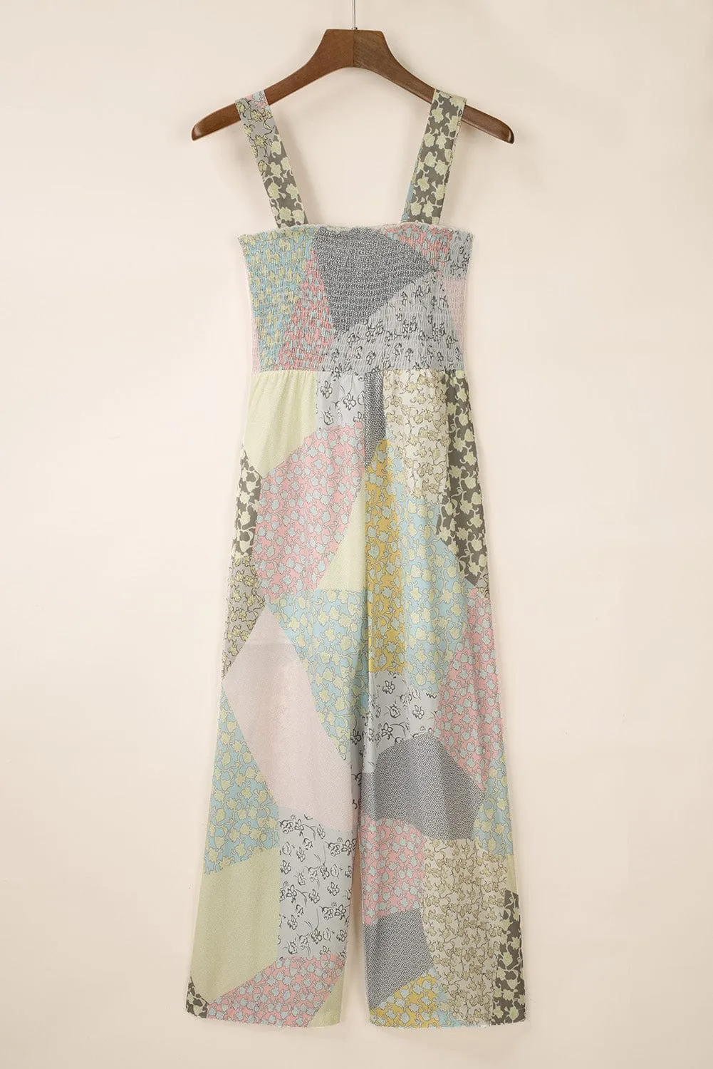 Bohemian Chic Smocked Patchwork Jumpsuit with Multicolor Floral Print