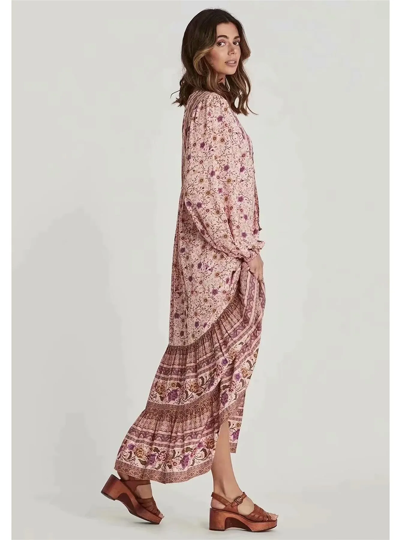 Boho Long Sleeve Tiered Smock Dress In Pink Floral Print