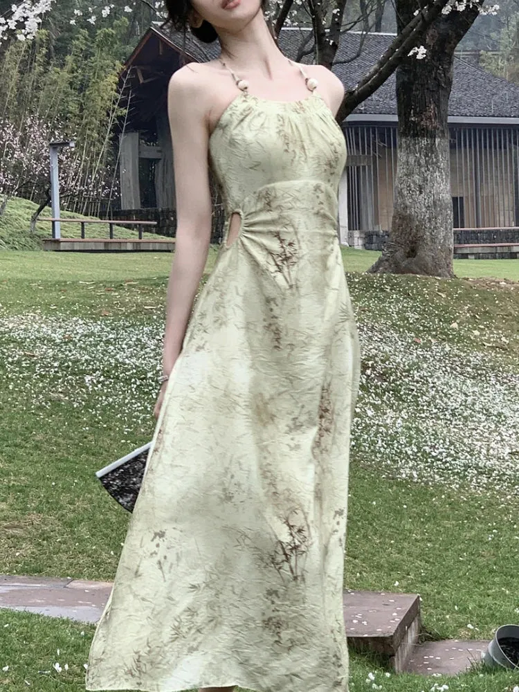 Bonnyshow  Summer Elegant Vintage Floral Dress Office Lady Casual Sleeveless Strap Midi Dress Women Even Party One Piece Dress Korean