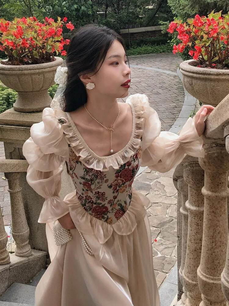 BonnyshowFrench Vintage Print Floral Dress Women O-neck Elegant Evening Party Midi Dress Female Puff Sleeve Korea Fairy Dress Summer