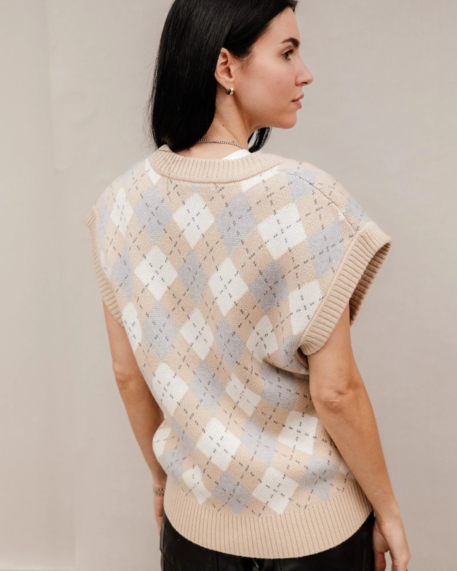 Cotton Cashmere V-Neck Sweater Vest - Ivory Camel Multi