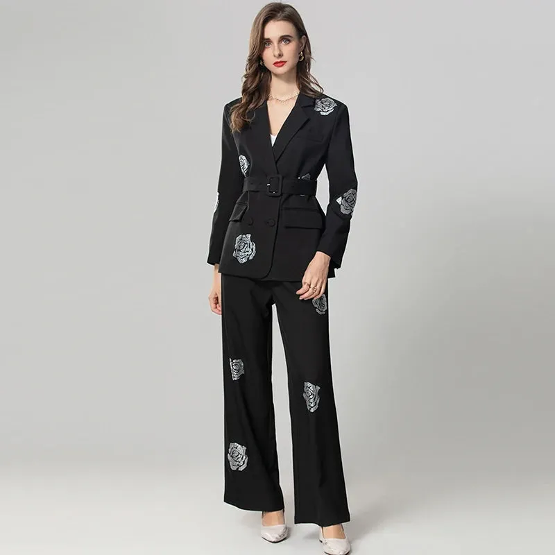 Crystal Floral Patchwork Double Breasted Blazer Strait Trouser Set