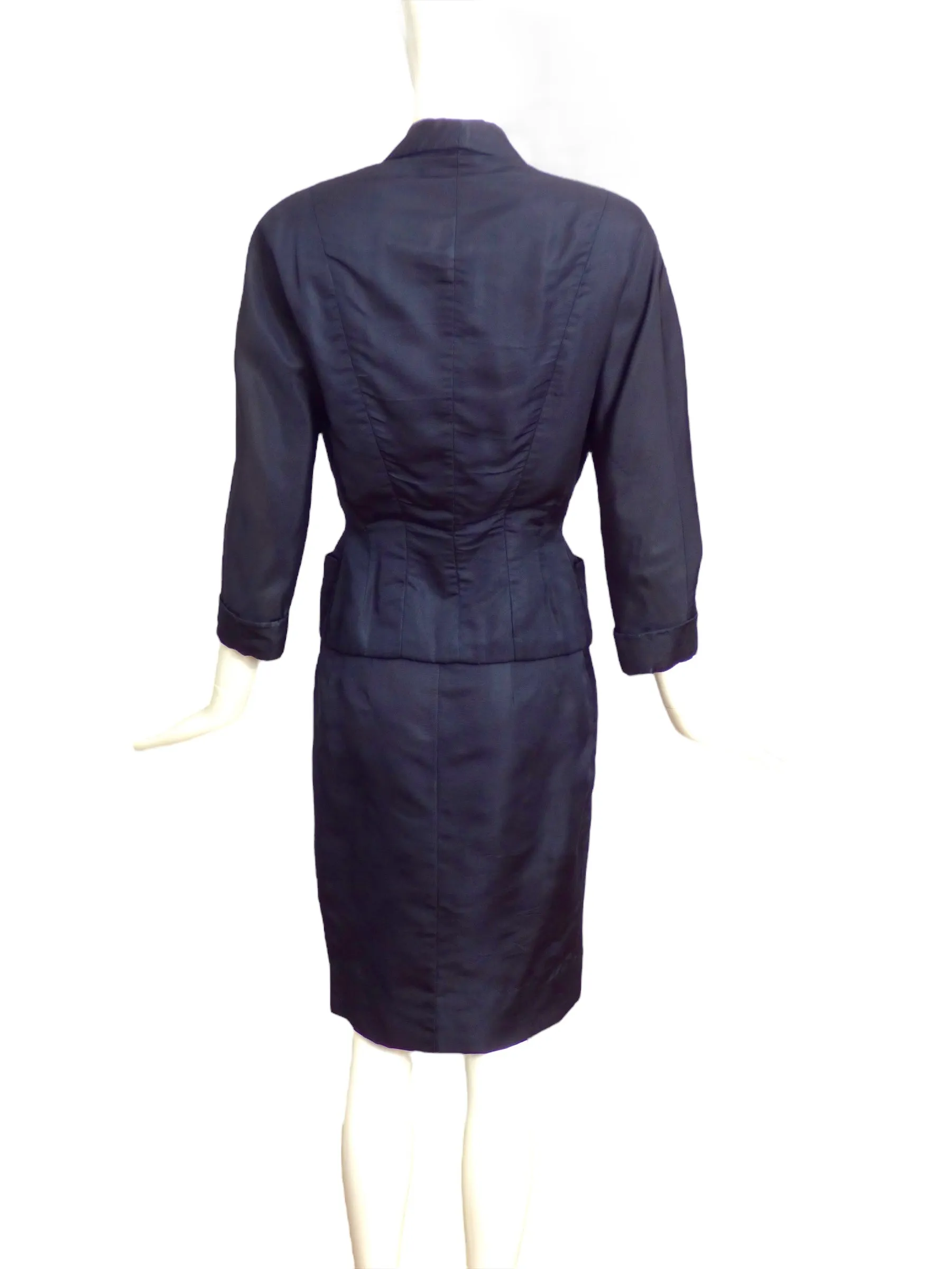DON LOPER- 1950s Navy Silk Skirt Suit, Size 8