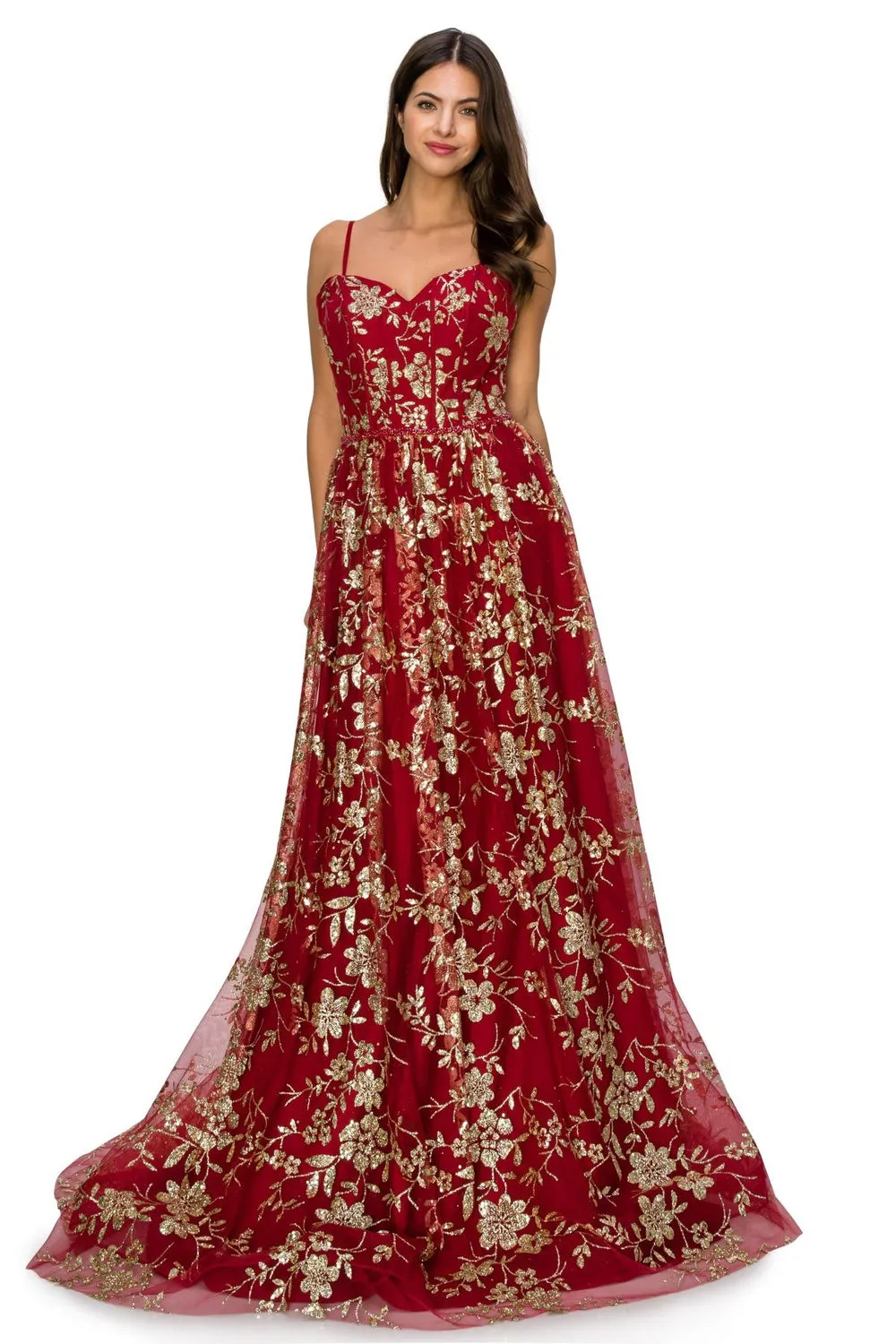 Embroidered Glitter A-Line Strapless Open Back Long Prom Dress