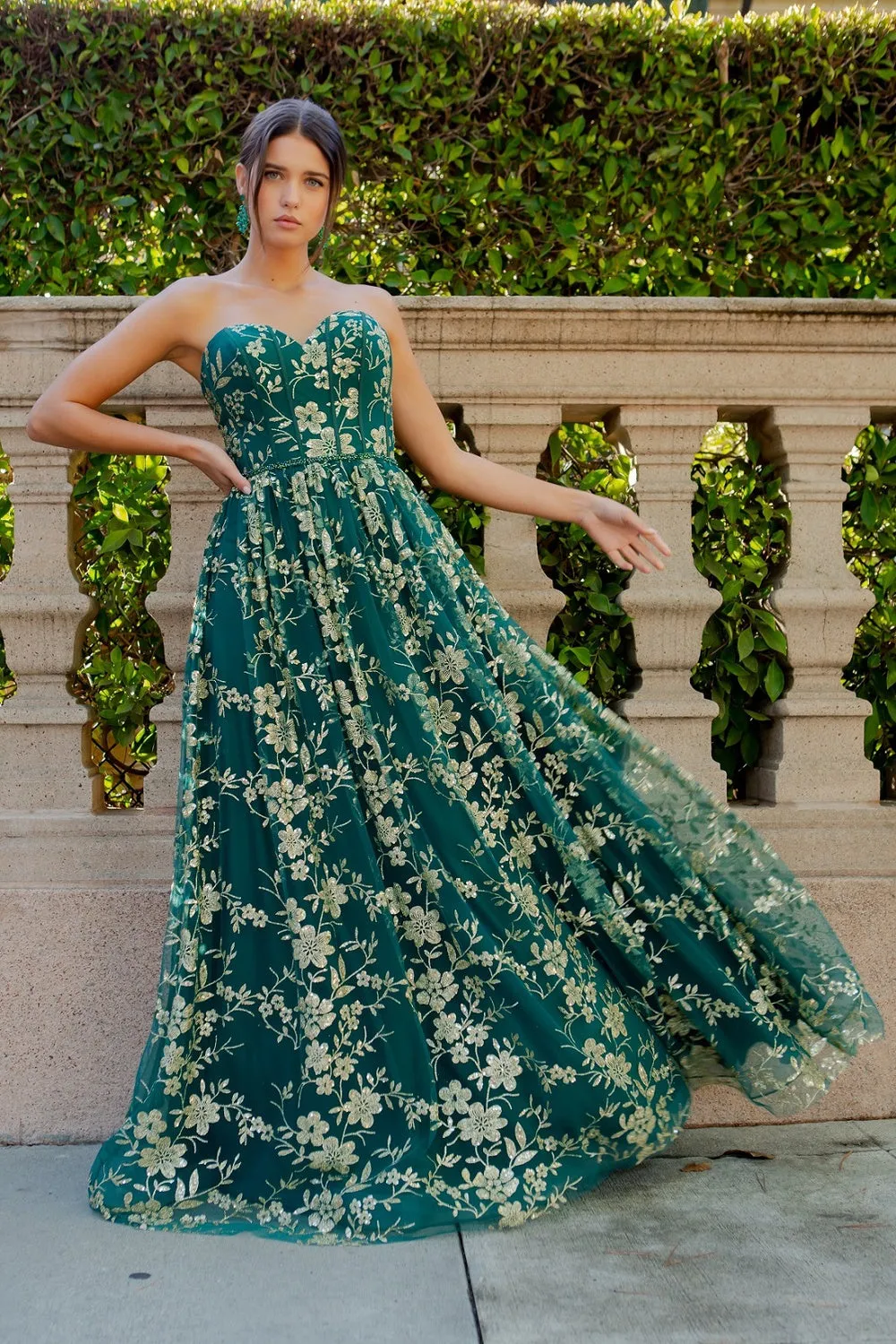 Embroidered Glitter A-Line Strapless Open Back Long Prom Dress
