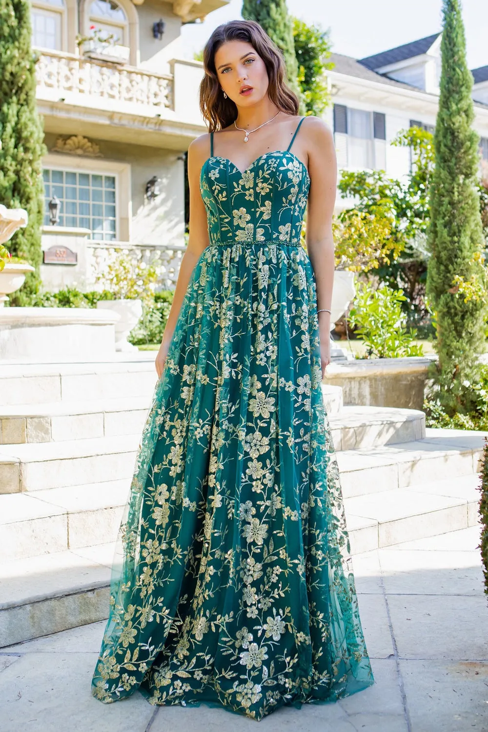 Embroidered Glitter A-Line Strapless Open Back Long Prom Dress