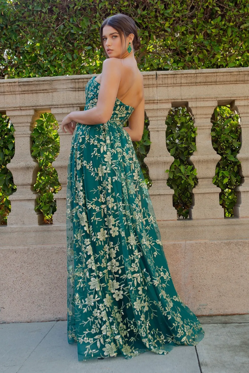 Embroidered Glitter A-Line Strapless Open Back Long Prom Dress