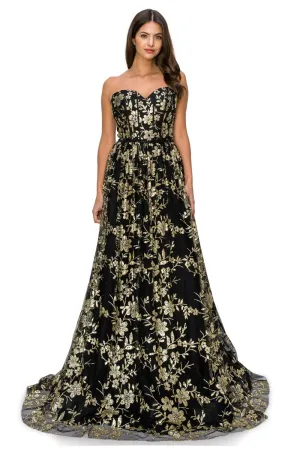 Embroidered Glitter A-Line Strapless Open Back Long Prom Dress